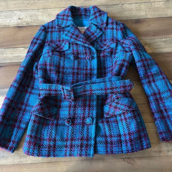 Vintage Teal Plaid Tweed Belted Jacket in Hand Tailored in 1969 by Sherman’s Inc - Picture 1 of 11